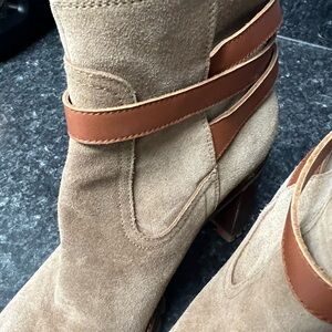 Christian Louboutin Suede Ankle Boots in Tan with Brown Straps